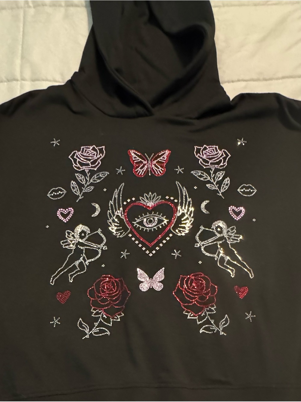 Marled Black Hoodie with Rhinestone Heart, Angels & Rose Motifs